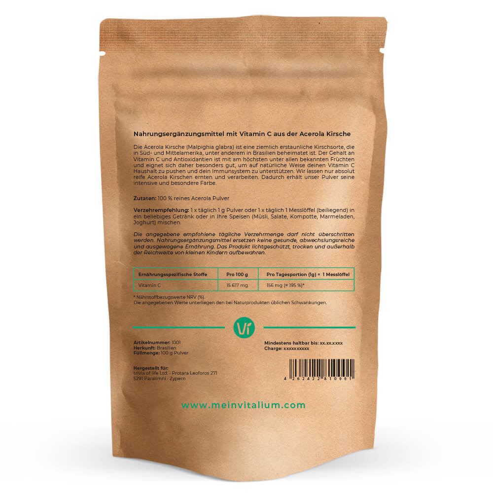 Acerola Pulver 100 g, Rückseite mit Etikett und Verzehrempfehlung