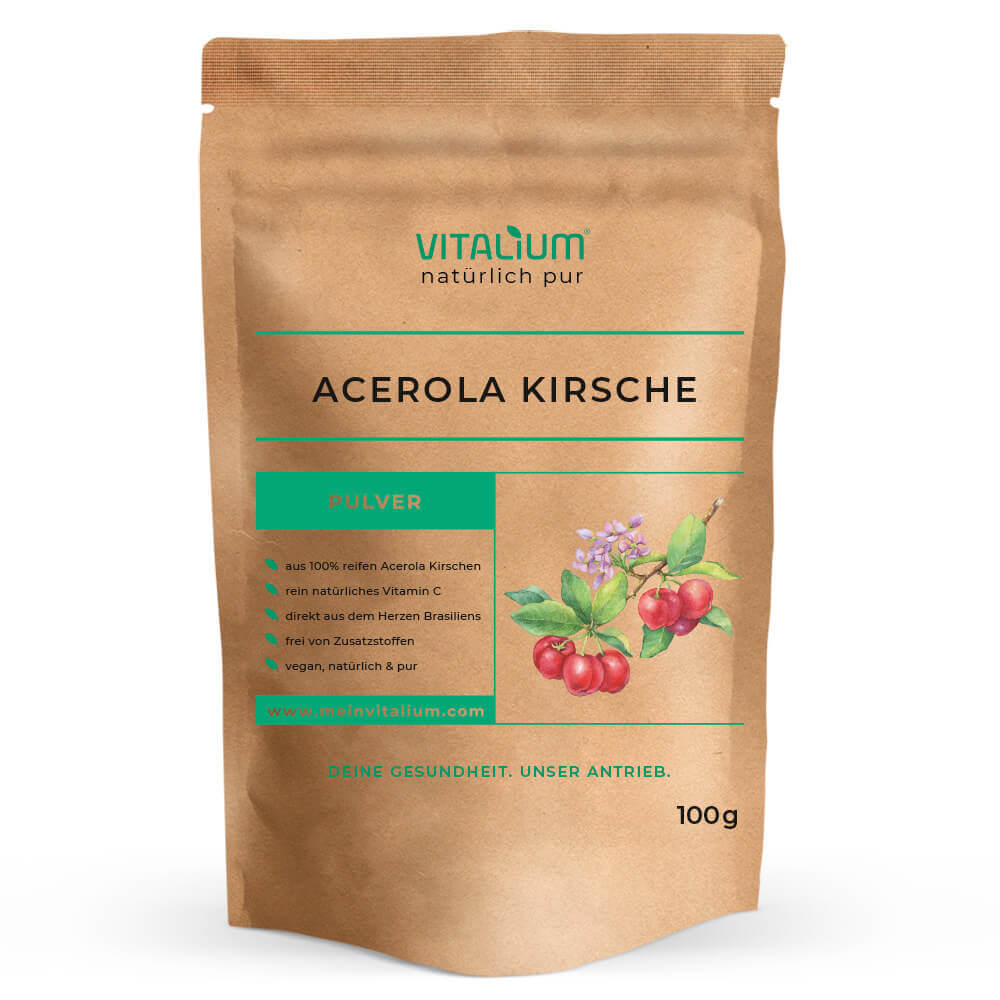 Acerola Pulver 100 g von meinVitalium, Vorderseite des Beutels