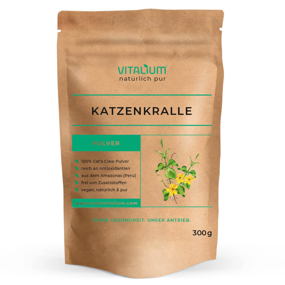 Katzenkralle Pulver von meinVitalium, Vorderseite des Beutels