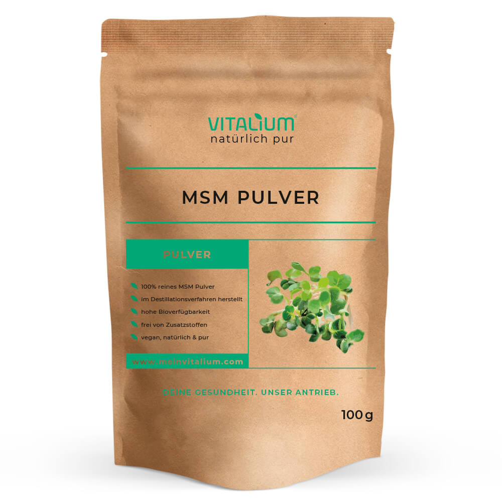 MSM Pulver 100 g von meinVitalium, Vorderseite des Beutels