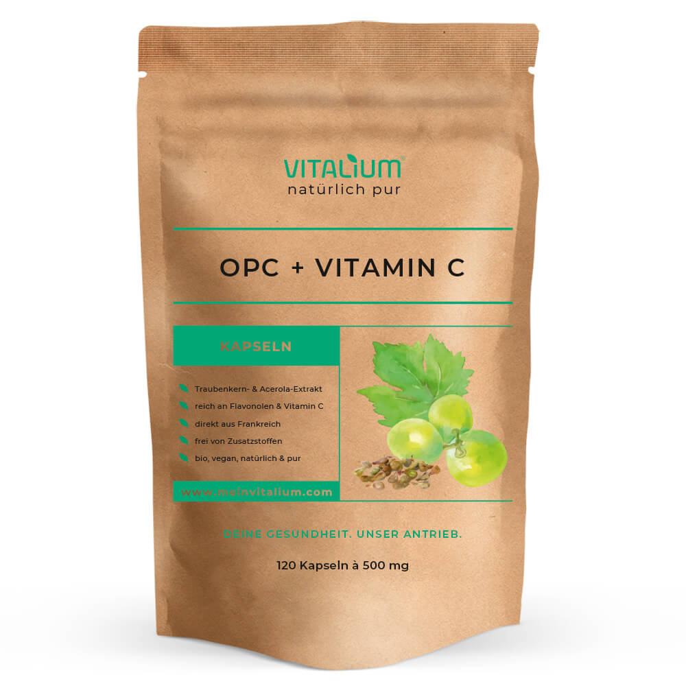 OPC + Vitamin C Kapseln von meinVitalium, Vorderseite des Beutels