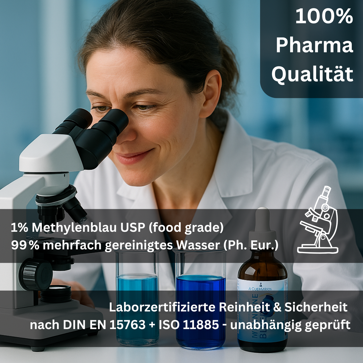 Frau im Laborkittel schaut durch ein Mikroskop, Infografik zu MethylenBlau 1 %
