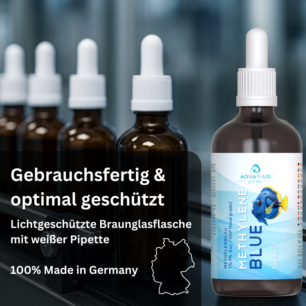 MethylenBlau 1 % in der 100-ml-Braunglasflasche mit weißer Pipette, dahinter weitere Flaschen