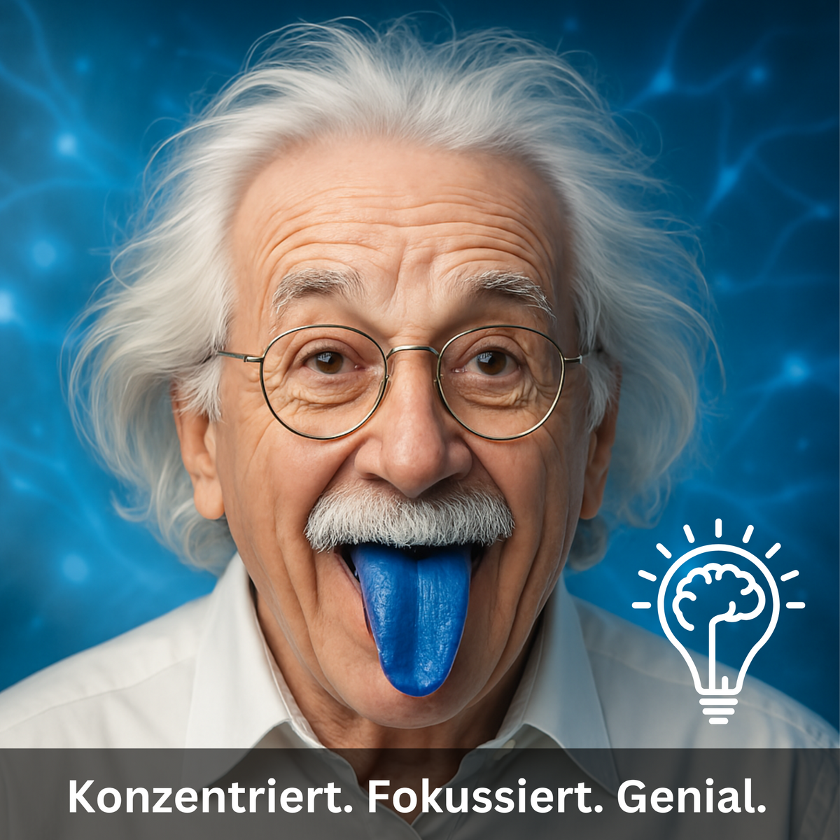 Älterer Mann mit weißem Haar und blau gefärbter Zunge