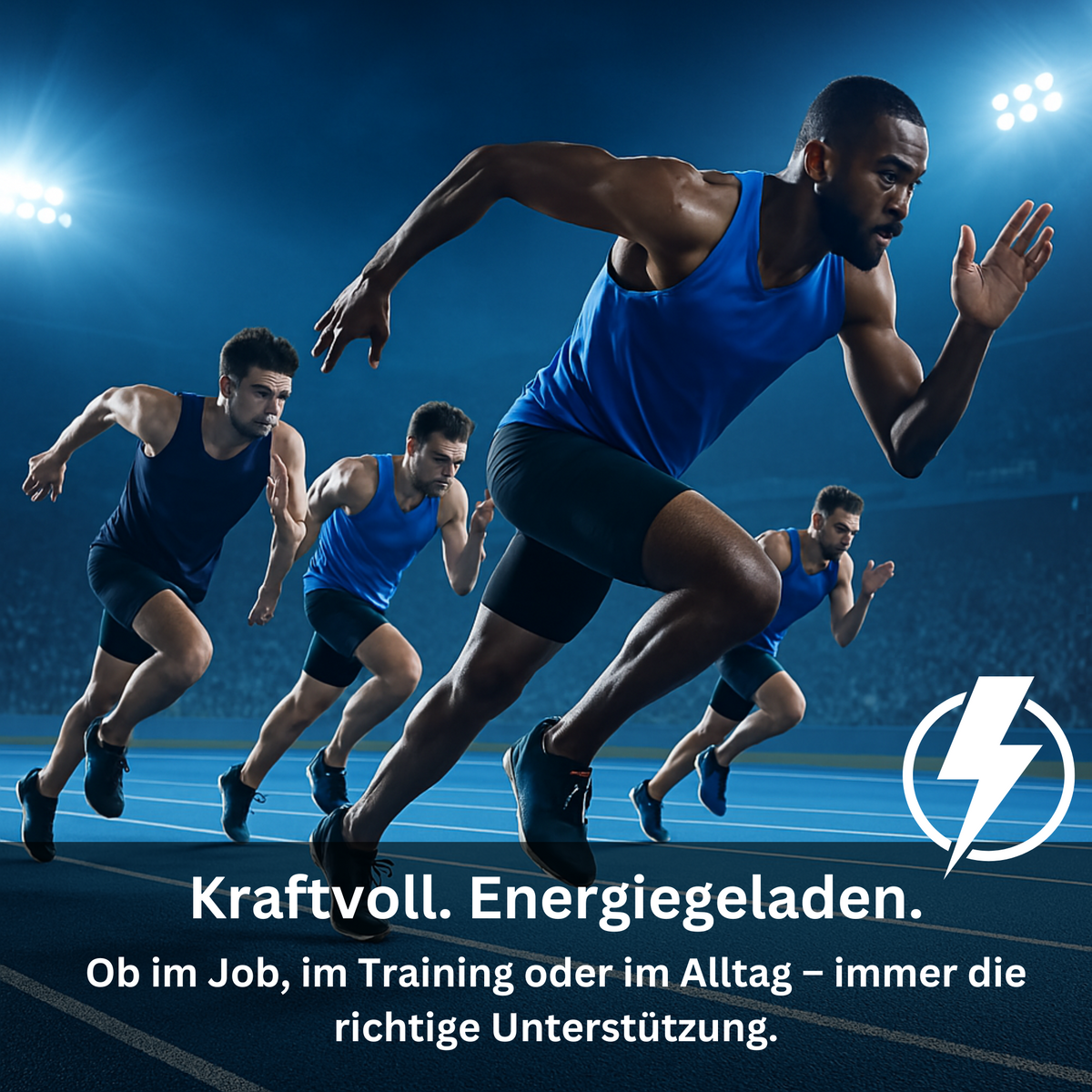 Vier Sprinter in blauen Trikots beim Start auf einer Laufbahn