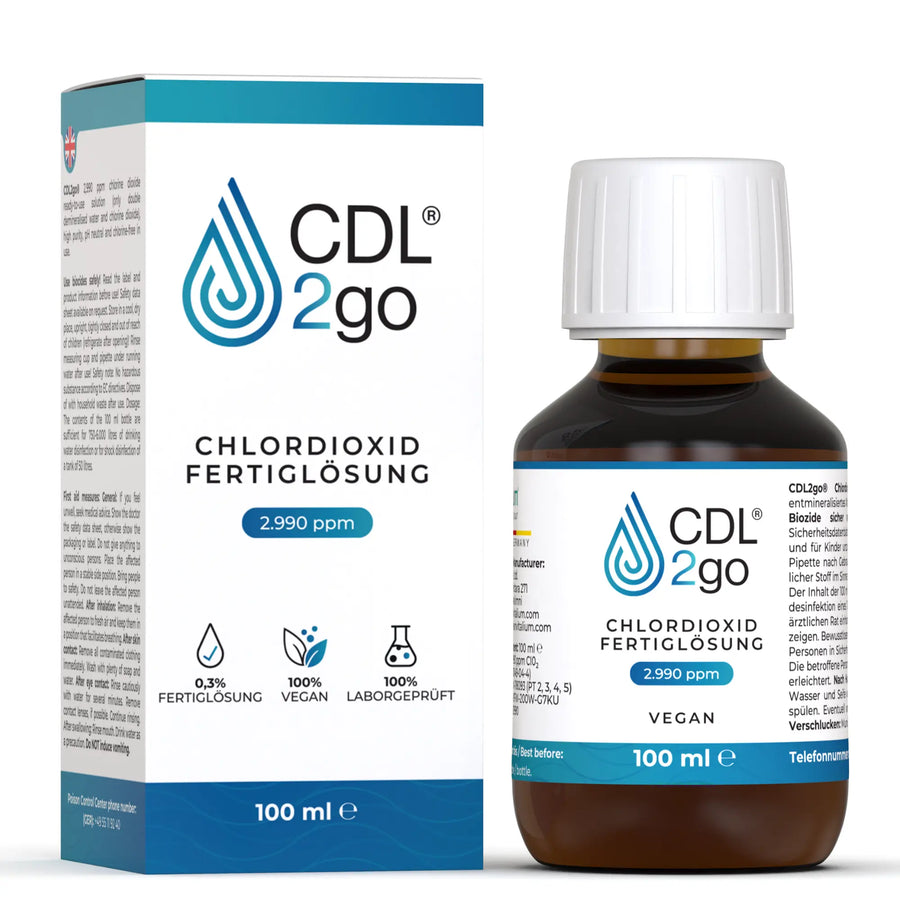 CDL2go Chlordioxid-Fertiglösung 100 ml, Flasche und Faltschachtel