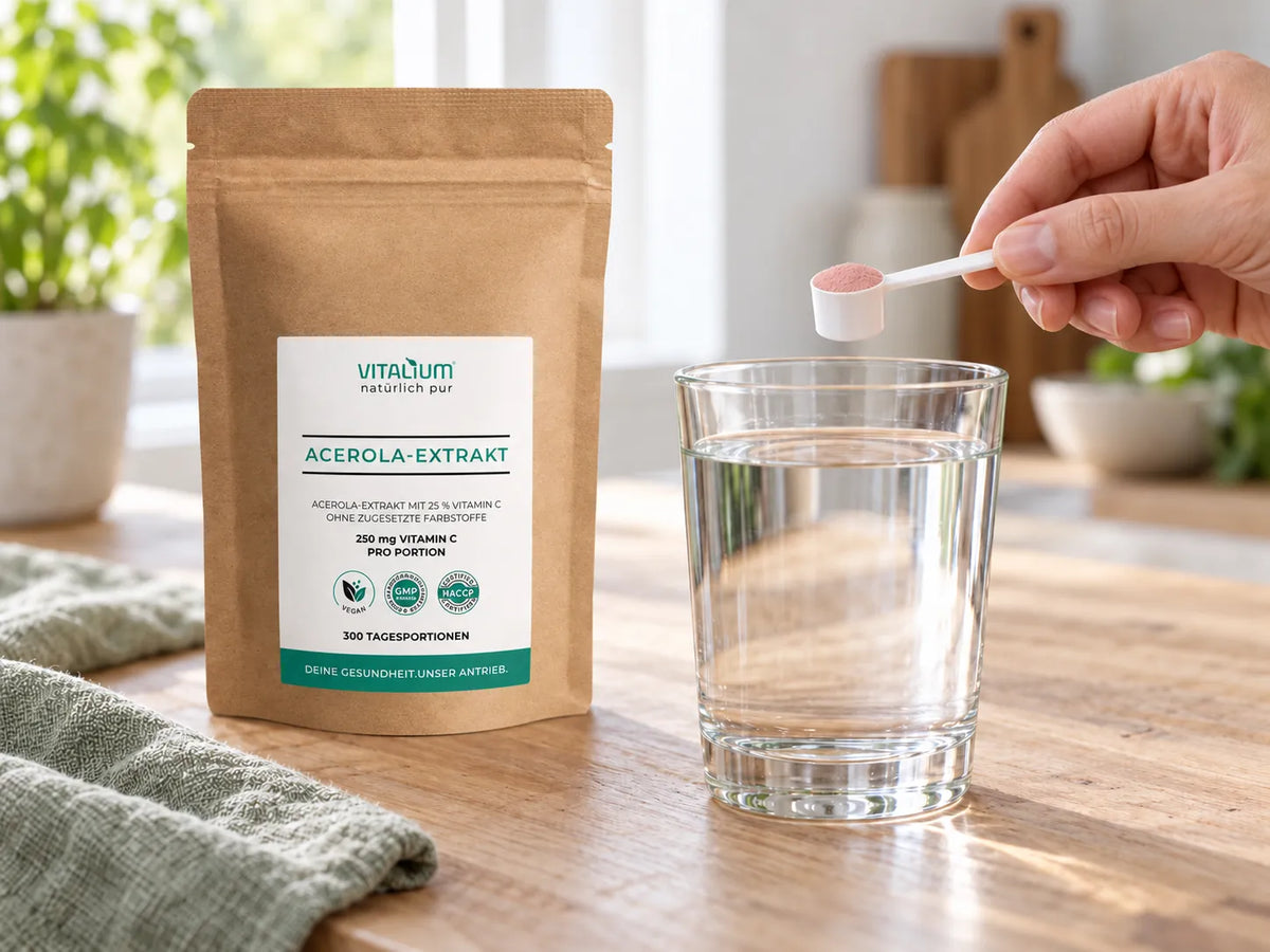Acerola extract pouch, next to it a measuring scoop of powder above a glass of water