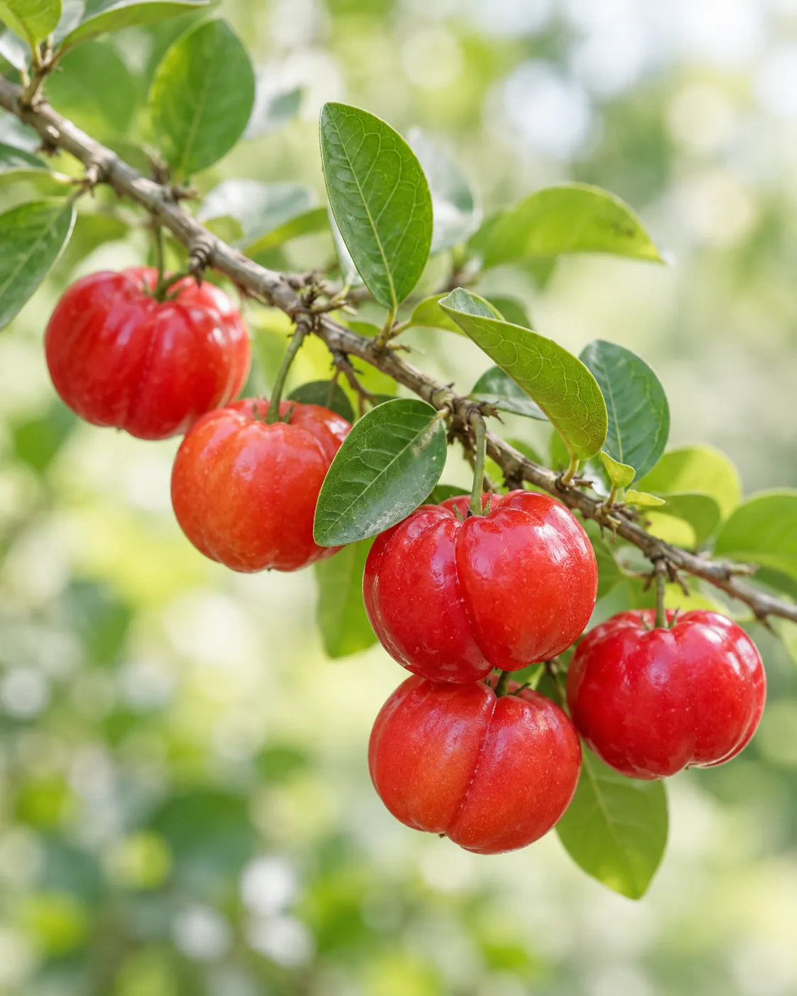 Ripe red acerola cherries on a branch with green leaves