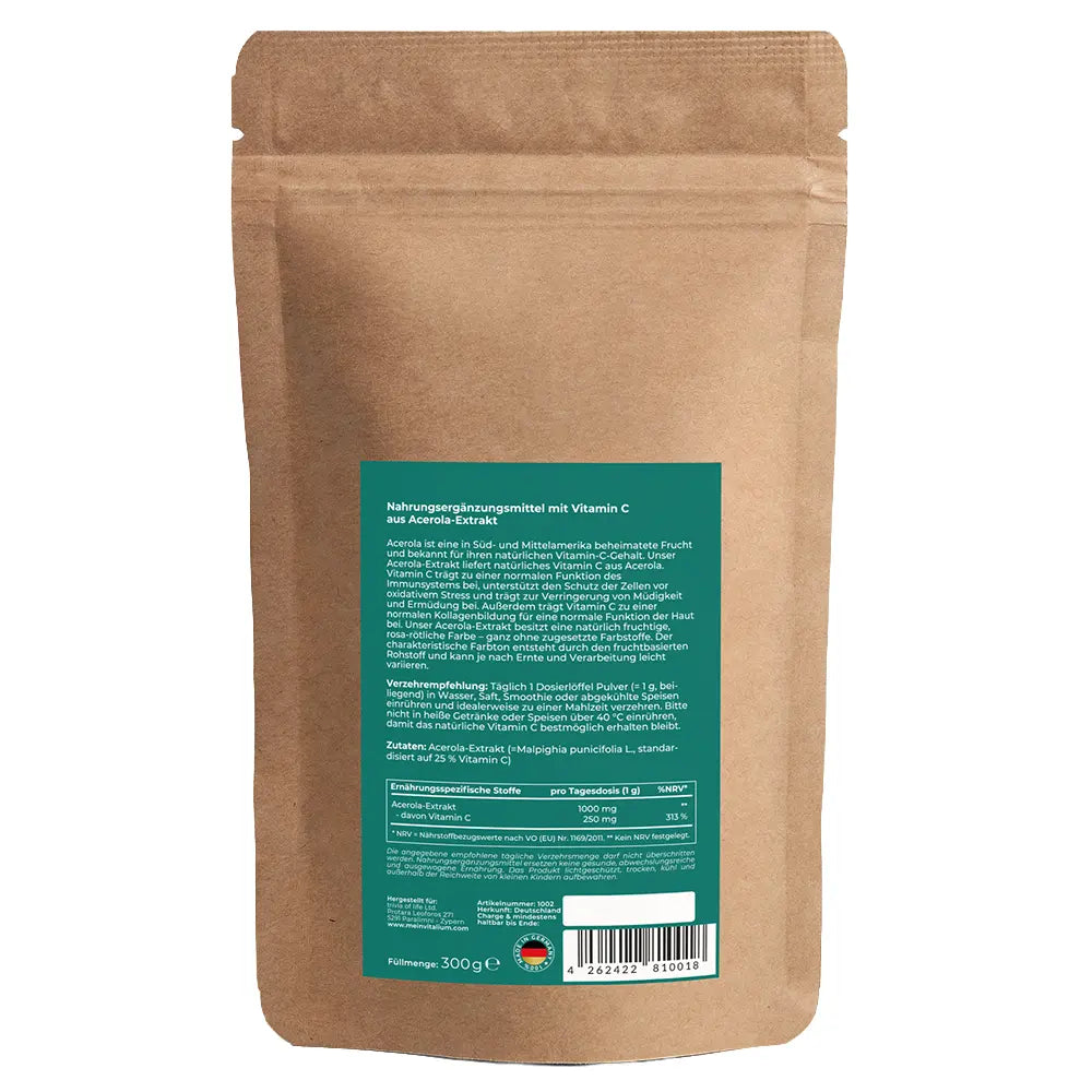 Acerola Pulver 300 g, Rückseite mit Etikett und Verzehrempfehlung