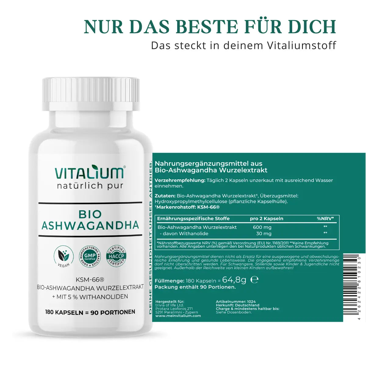 Ashwagandha Kapseln, Etikett mit Zutaten und Nährwerten