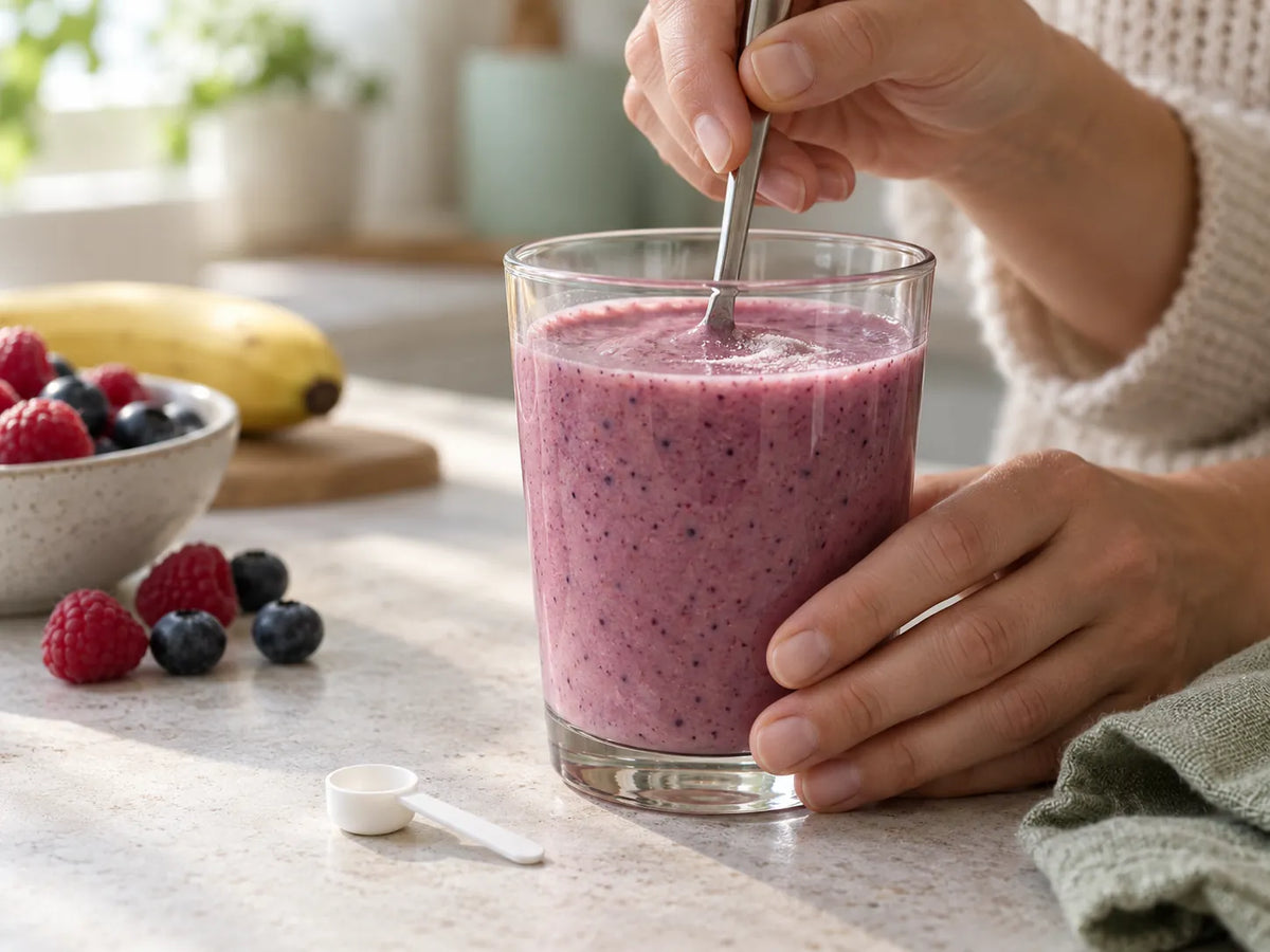 BCAA-Pulver wird mit einem Löffel in einen Beeren-Smoothie eingerührt, daneben ein Messlöffel