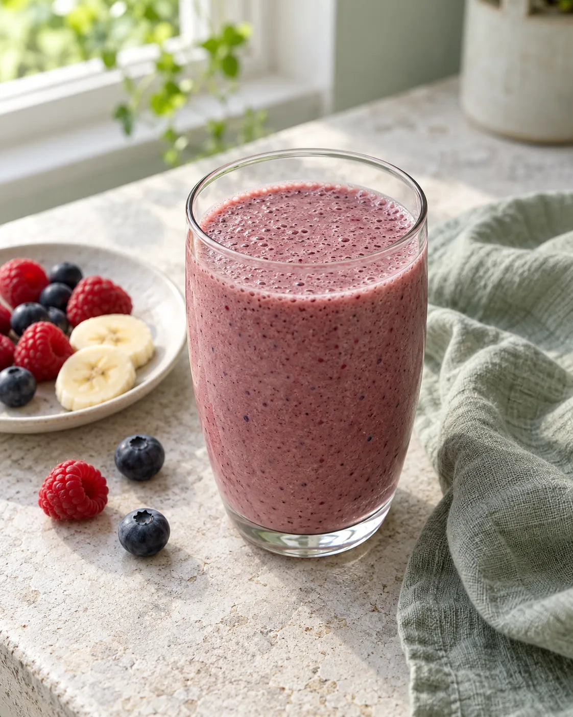 Glas Beeren-Smoothie, daneben Himbeeren, Heidelbeeren und Bananenscheiben