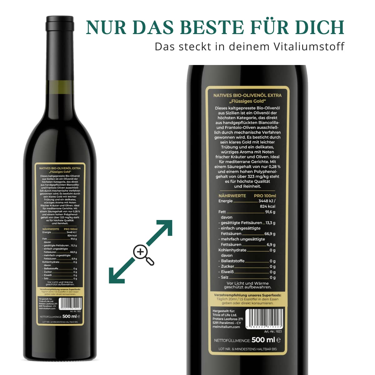 Rückseite mit Etikett und Nährwertangaben des nativen Bio-Olivenöls Extra