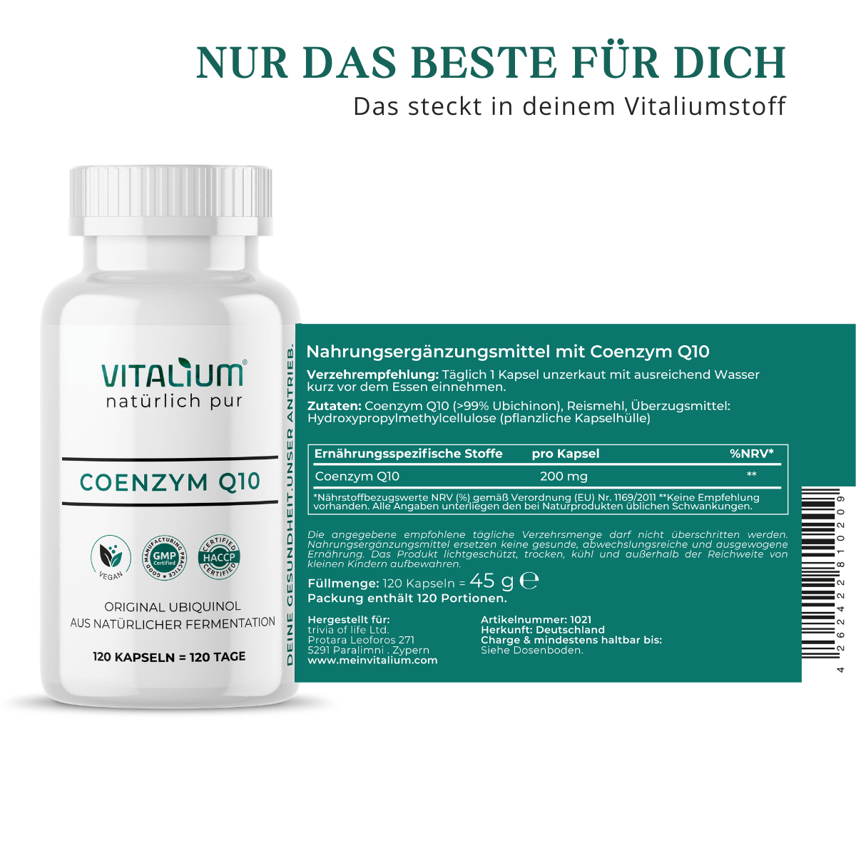 Coenzym Q10 Kapseln, Etikett mit Zutaten und Nährwerten