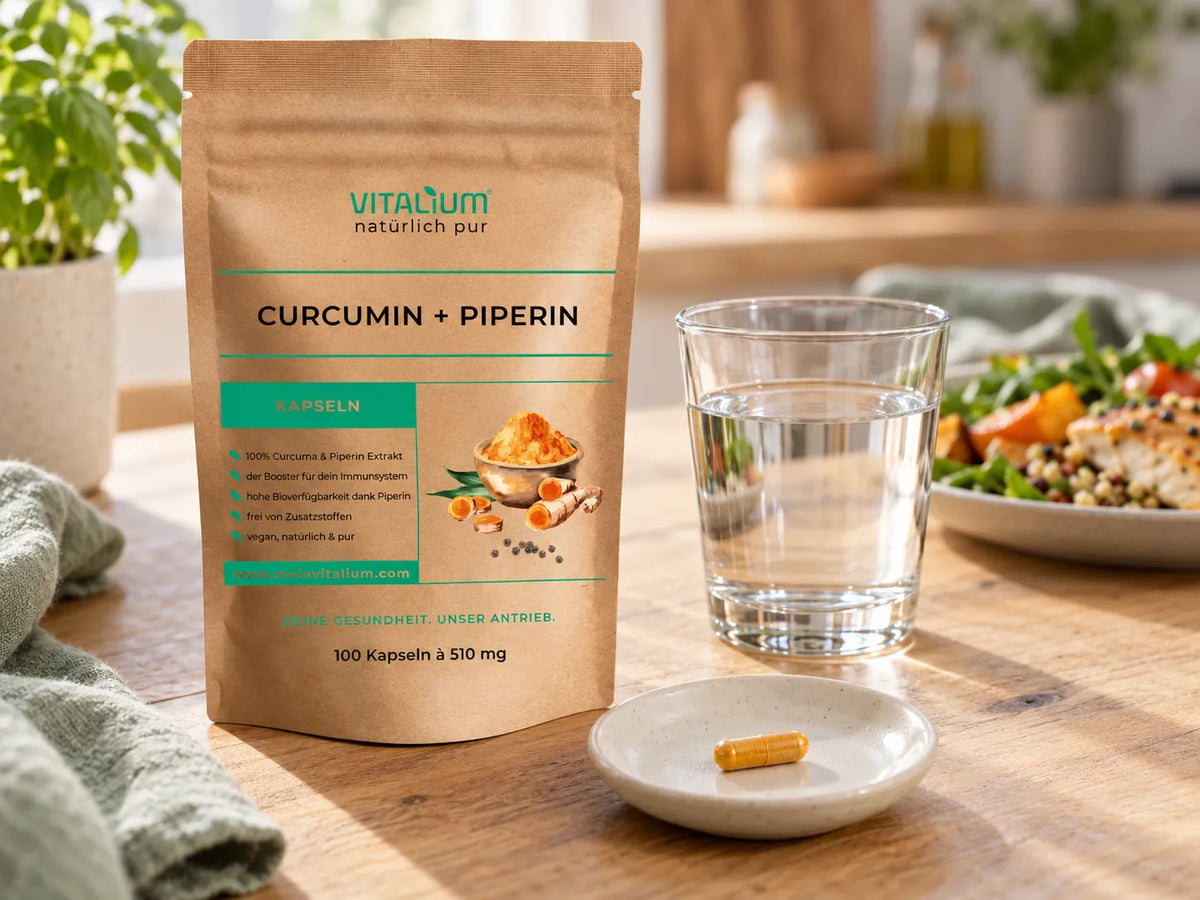 Curcumin + Piperin Beutel, daneben eine Kapsel auf einem kleinen Teller und ein Glas Wasser