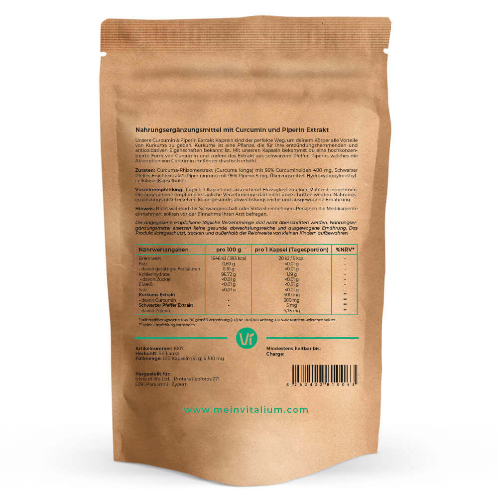 Curcumin + Piperin Kapseln, Rückseite mit Etikett und Hinweisen