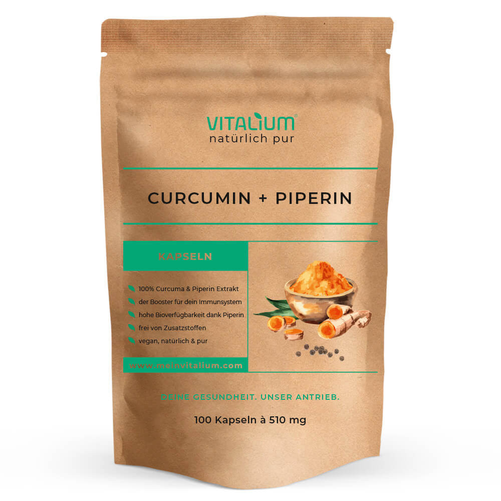 Curcumin + Piperin Kapseln von meinVitalium, Vorderseite des Beutels