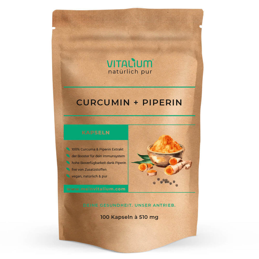 Curcumin + Piperin Kapseln von meinVitalium, Vorderseite des Beutels
