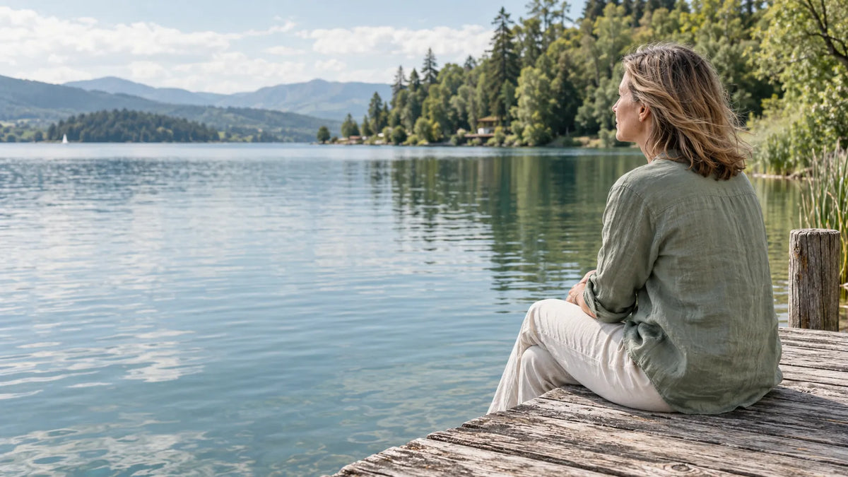 Frau sitzt auf einem Holzsteg und blickt über einen See