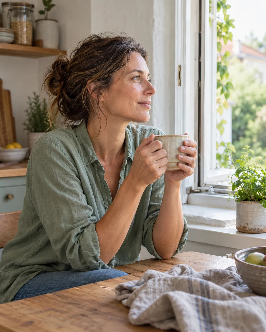 Frau mit einer Tasse am Küchenfenster am Morgen