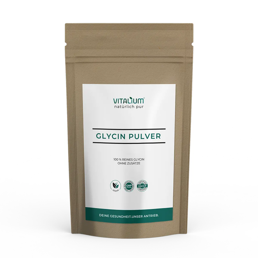 Glycin Pulver 500 g von meinVitalium, Vorderseite des Beutels