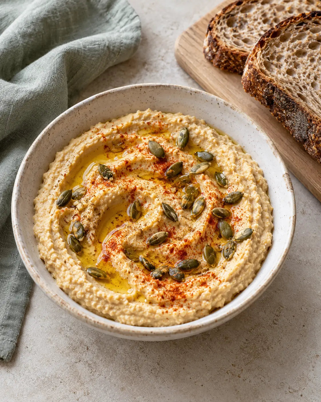 Schale Hummus mit Olivenöl, Paprikapulver und Kürbiskernen, daneben Sauerteigbrot
