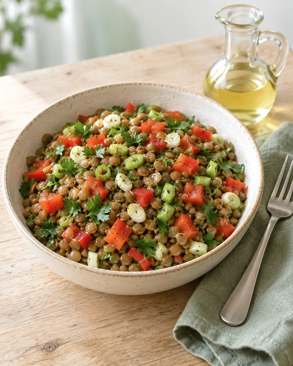 Schale Linsensalat mit Paprika, Frühlingszwiebeln und Petersilie, daneben ein Ölkännchen und eine Gabel