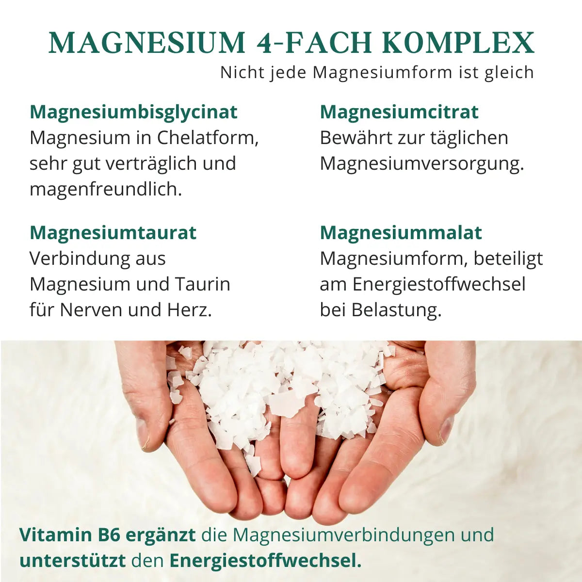 Magnesiumbisglycinat, Magnesiumcitrat, Magnesiumtaurat und Magnesiummalat im Überblick