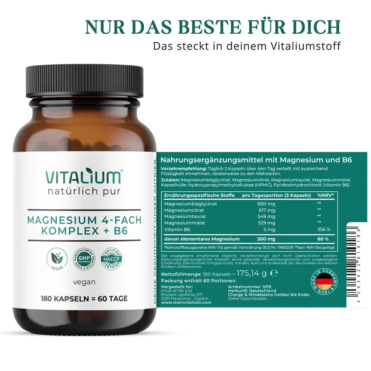 Magnesium 4-fach Komplex, Etikett mit Zutaten und Nährwerten