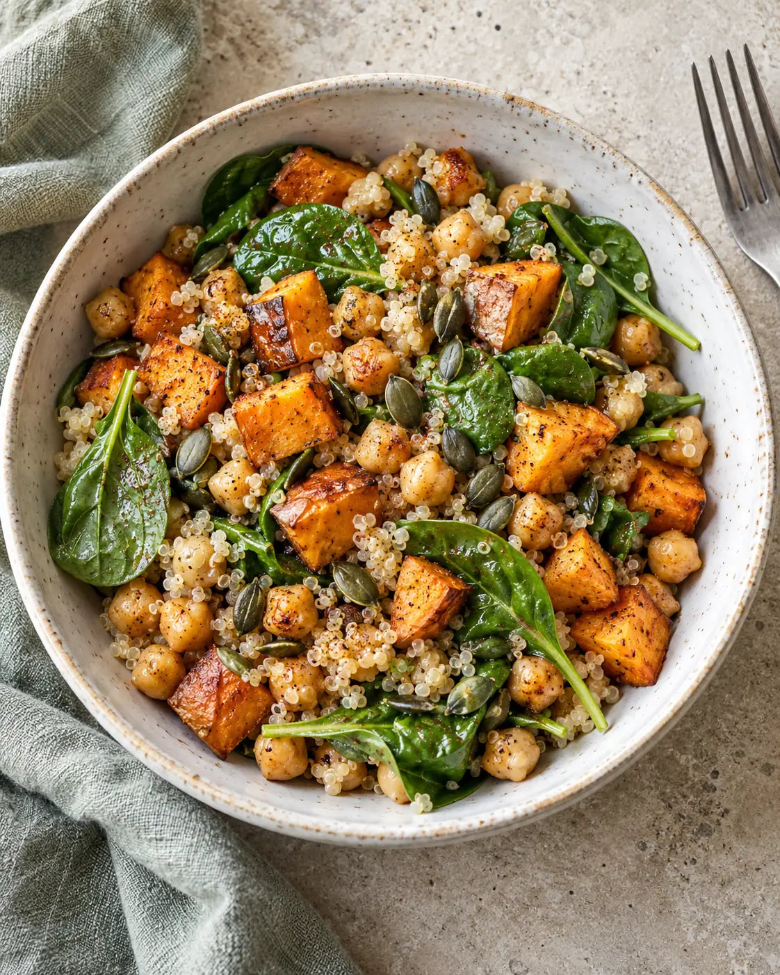 Bowl mit gerösteten Süßkartoffelwürfeln, Kichererbsen, Spinat, Quinoa und Kürbiskernen