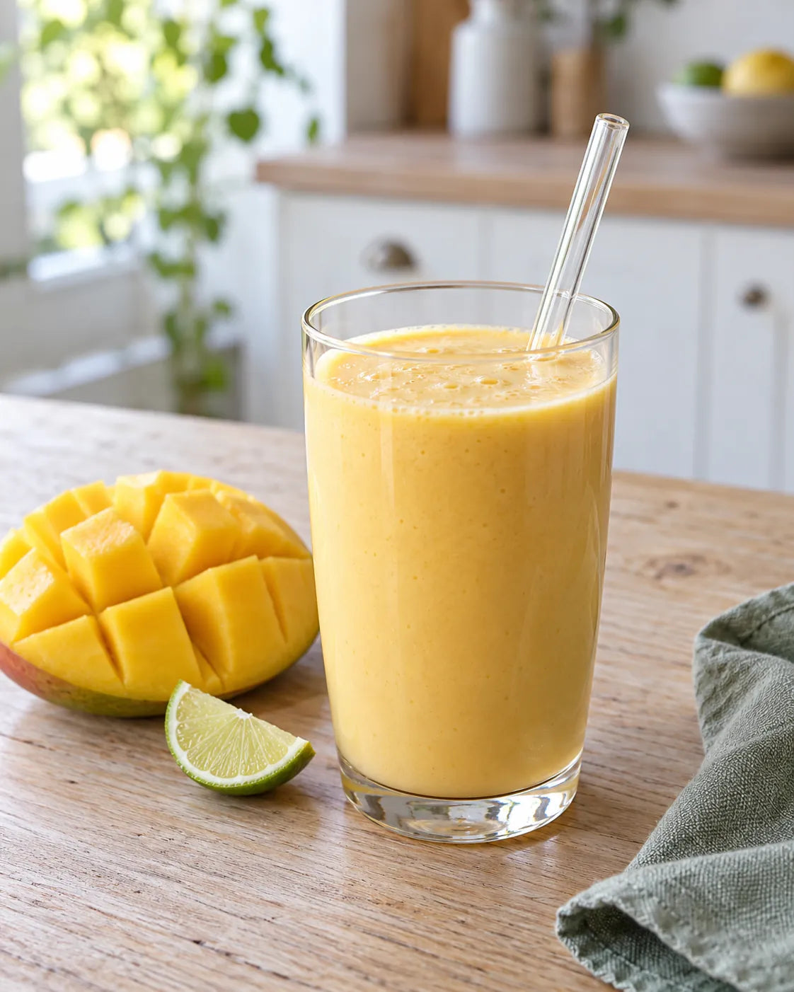 Glass of mango lassi with a straw, next to it half a mango and a lime wedge