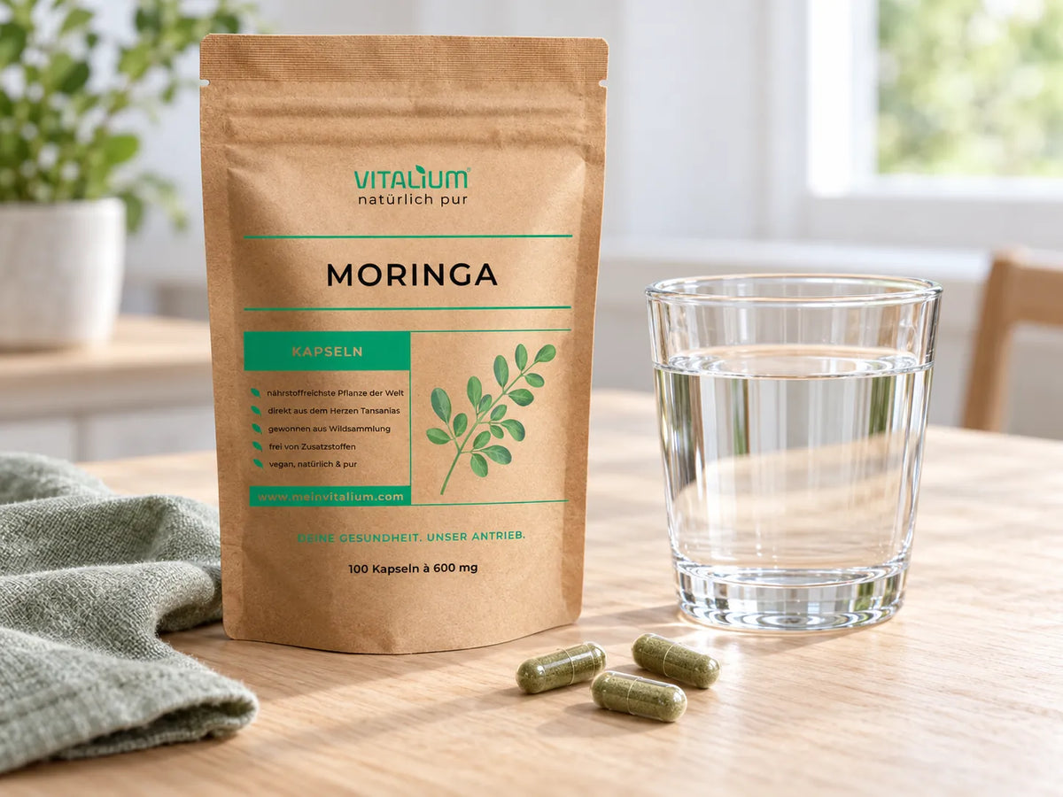 Moringa Kapseln Beutel, daneben drei grüne Kapseln und ein Glas Wasser auf einem Holztisch