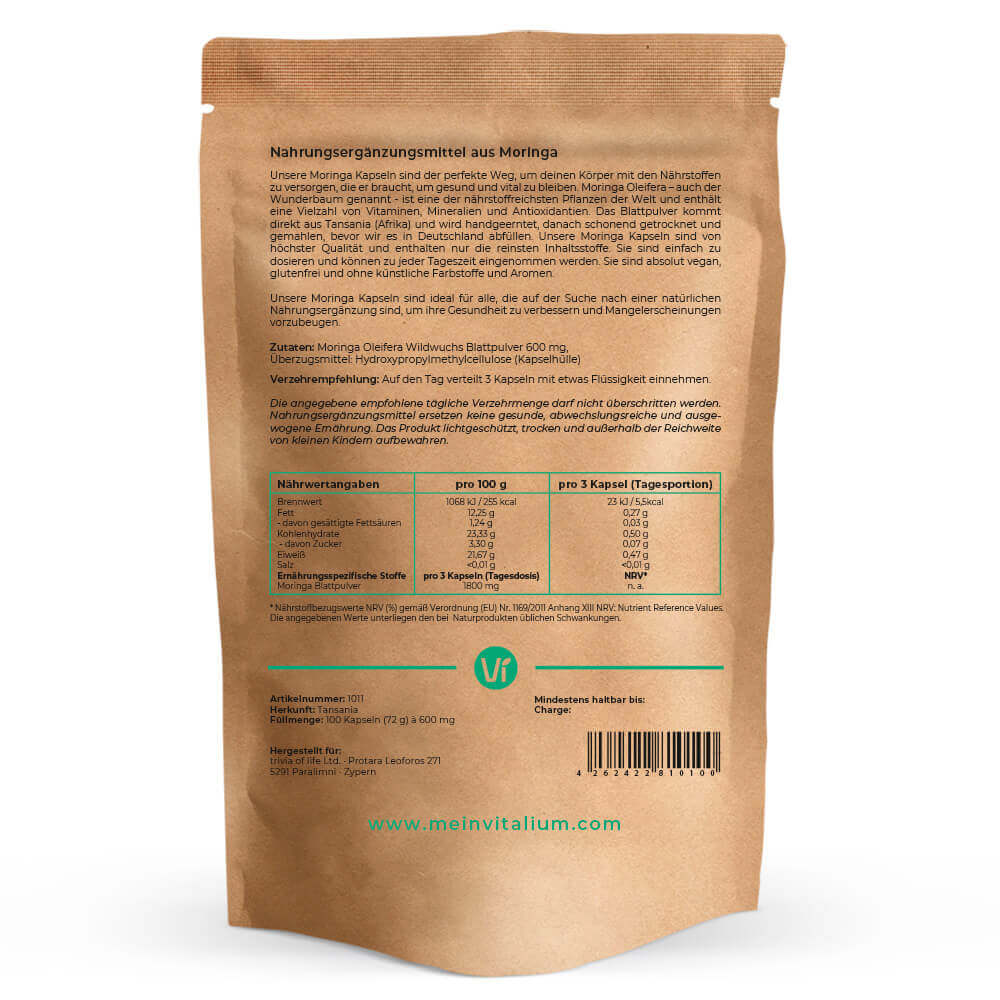 Moringa Kapseln, Rückseite mit Etikett und Verzehrempfehlung