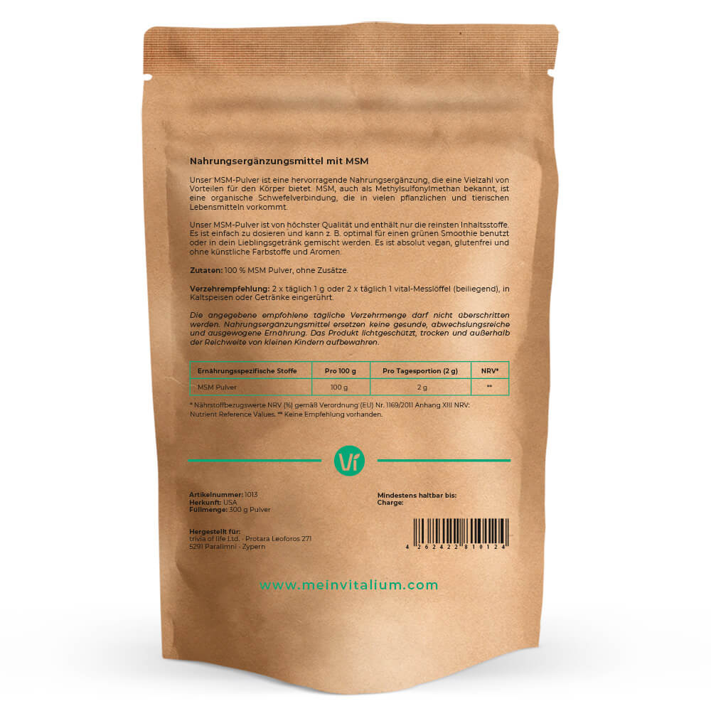 MSM Pulver 300 g, Rückseite mit Etikett und Verzehrempfehlung
