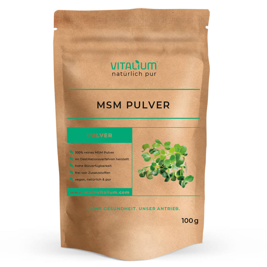 MSM Pulver 100 g von meinVitalium, Vorderseite des Beutels