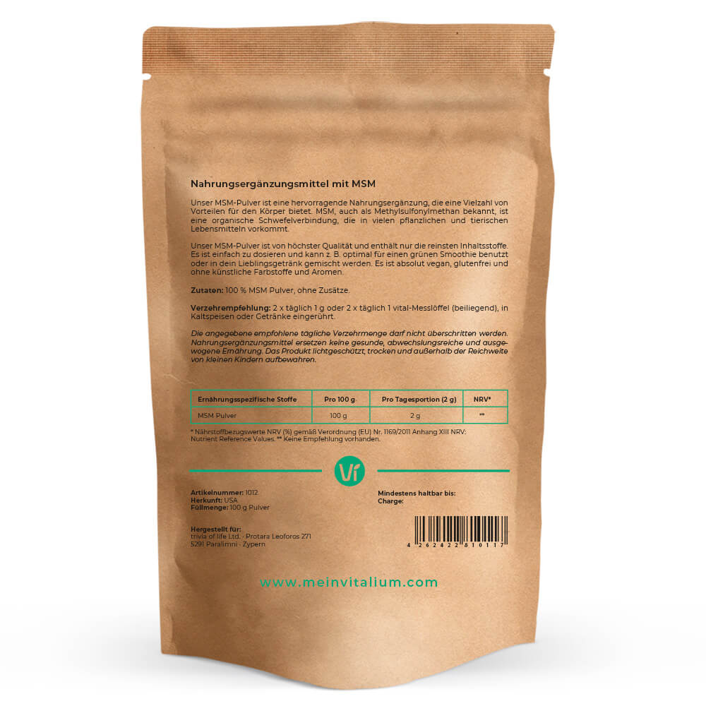 MSM Pulver 100 g, Rückseite mit Etikett und Verzehrempfehlung