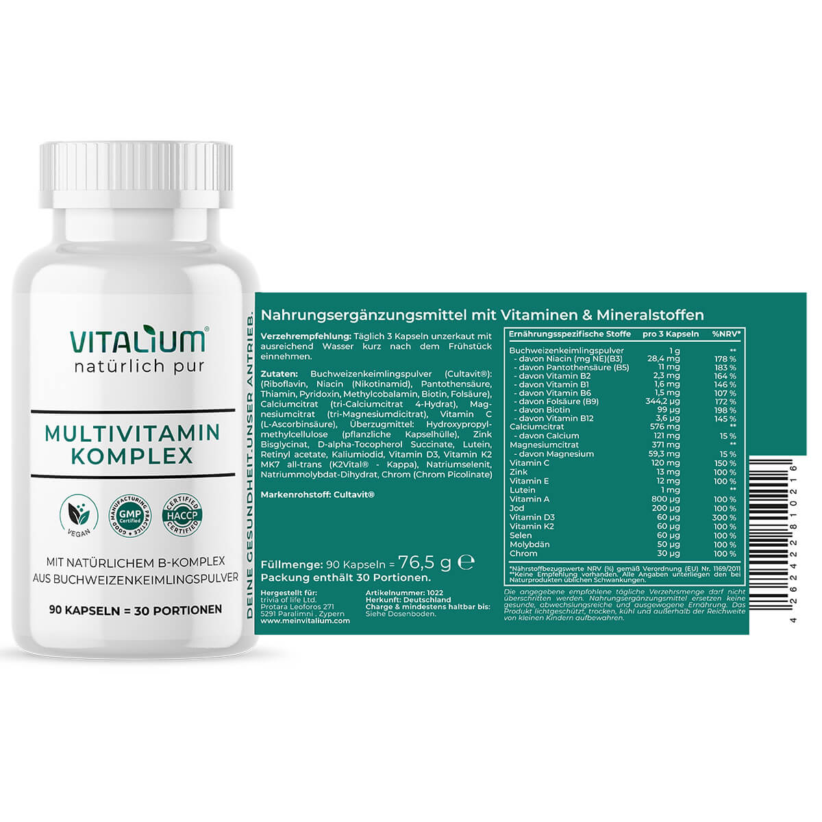 Multivitamin Komplex, Etikett mit Zutaten und Nährwerttabelle