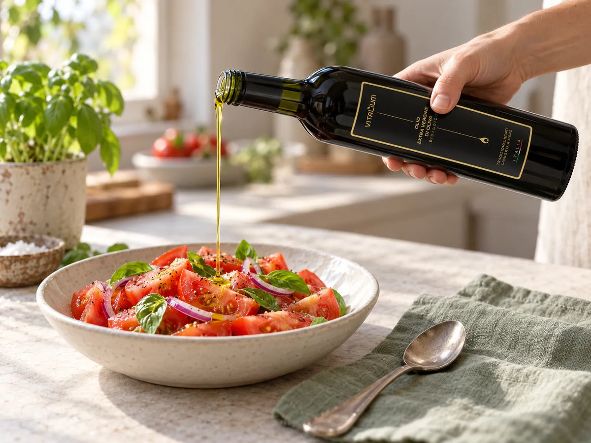 Natives Olivenöl extra wird aus der Flasche über einen Tomatensalat geträufelt