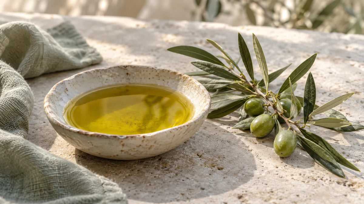 Goldgrünes Olivenöl in einer flachen Schale, daneben ein Olivenzweig mit grünen Oliven