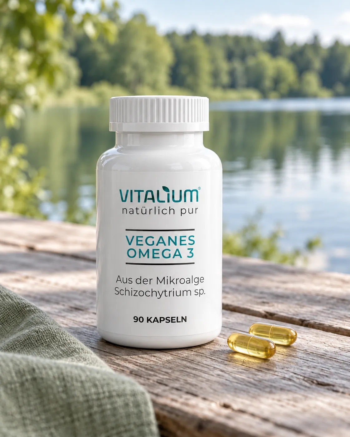 Omega-3 Dose mit zwei Kapseln auf einem Holzsteg am See