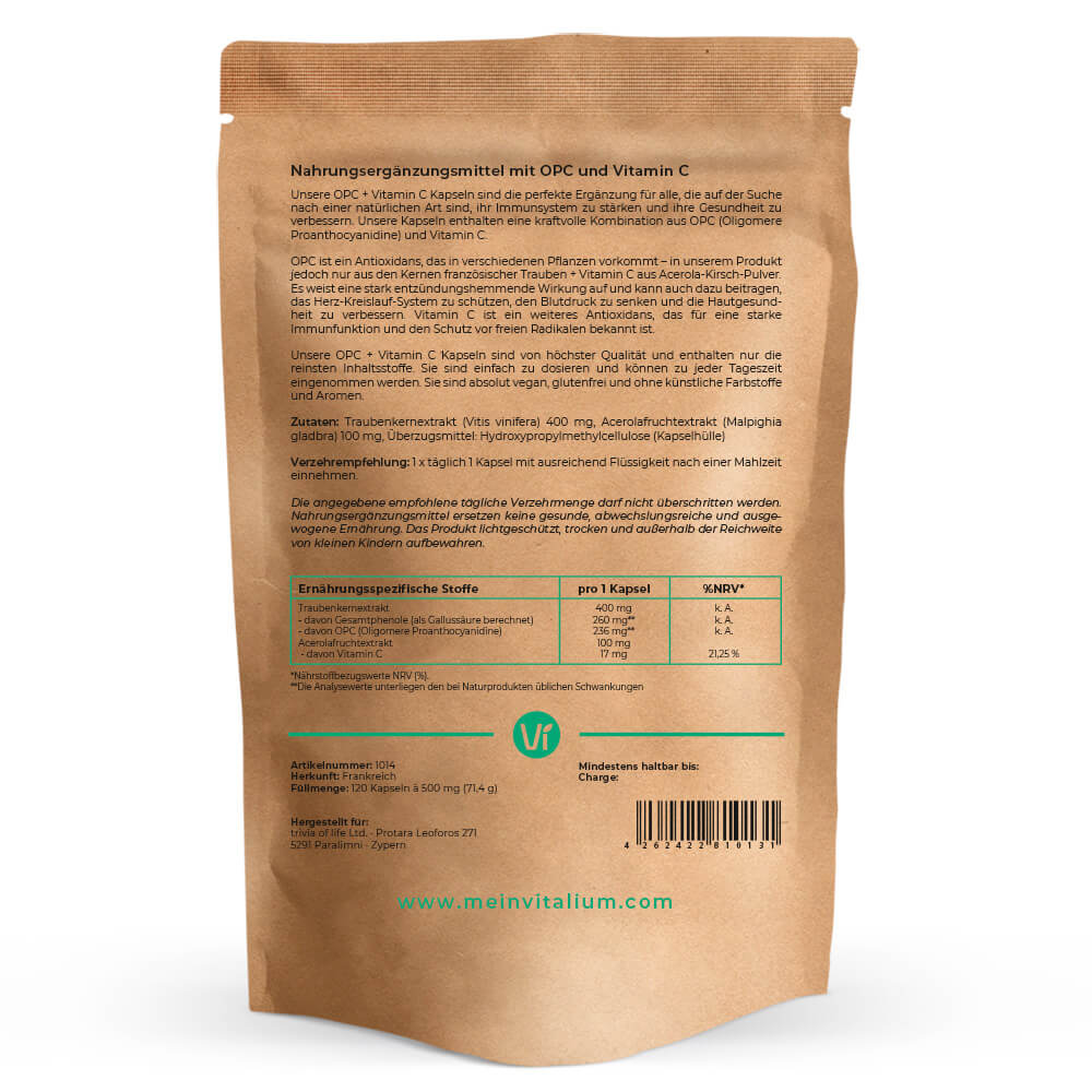 OPC + Vitamin C Kapseln, Rückseite mit Etikett und Nährwerten
