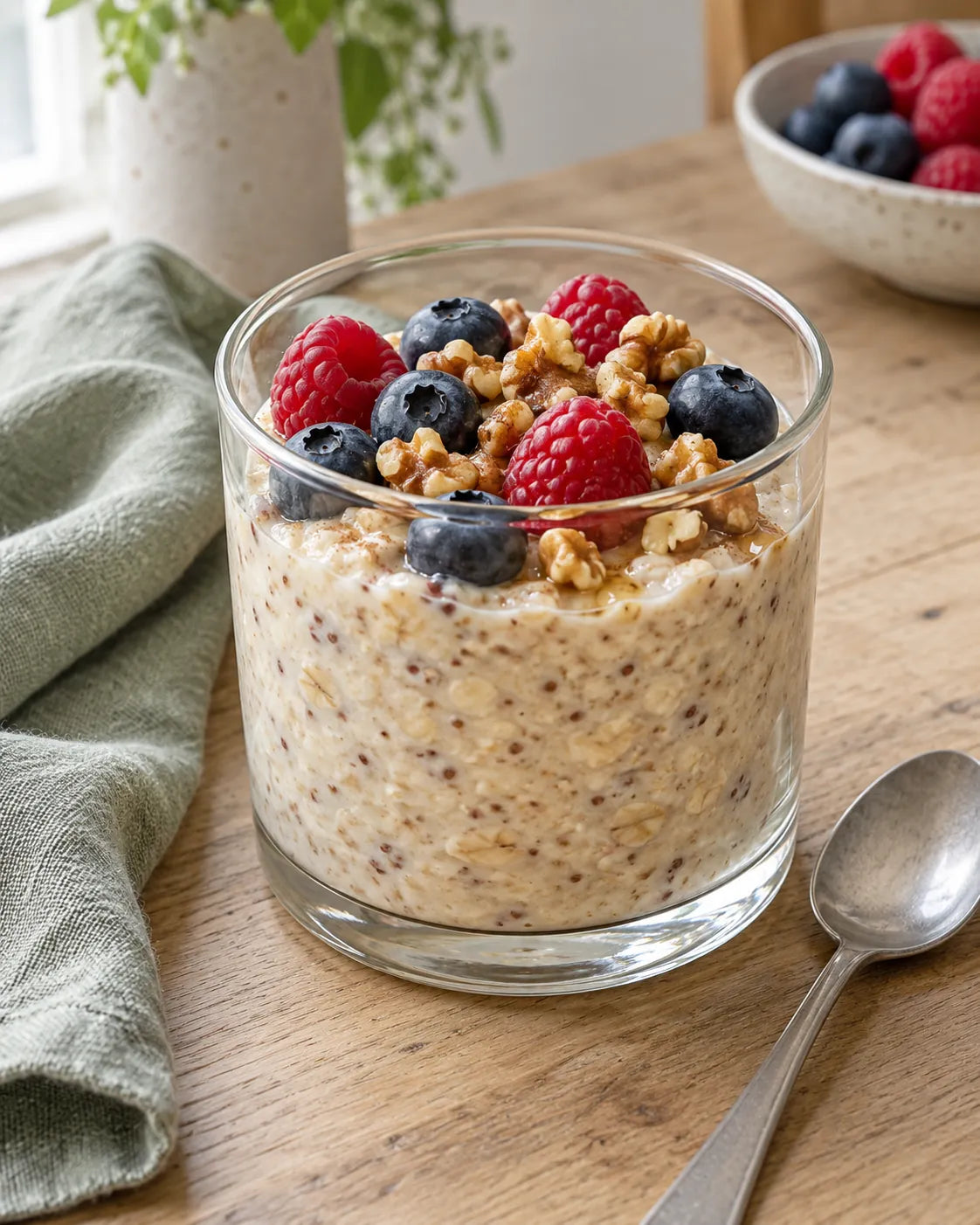 Glas mit Overnight Oats, Himbeeren, Heidelbeeren und gehackten Walnüssen