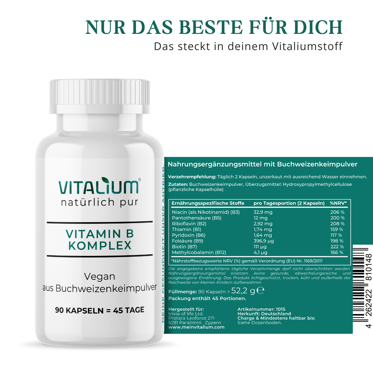 Vitamin B Komplex, Etikett mit Zutaten und Nährwerten
