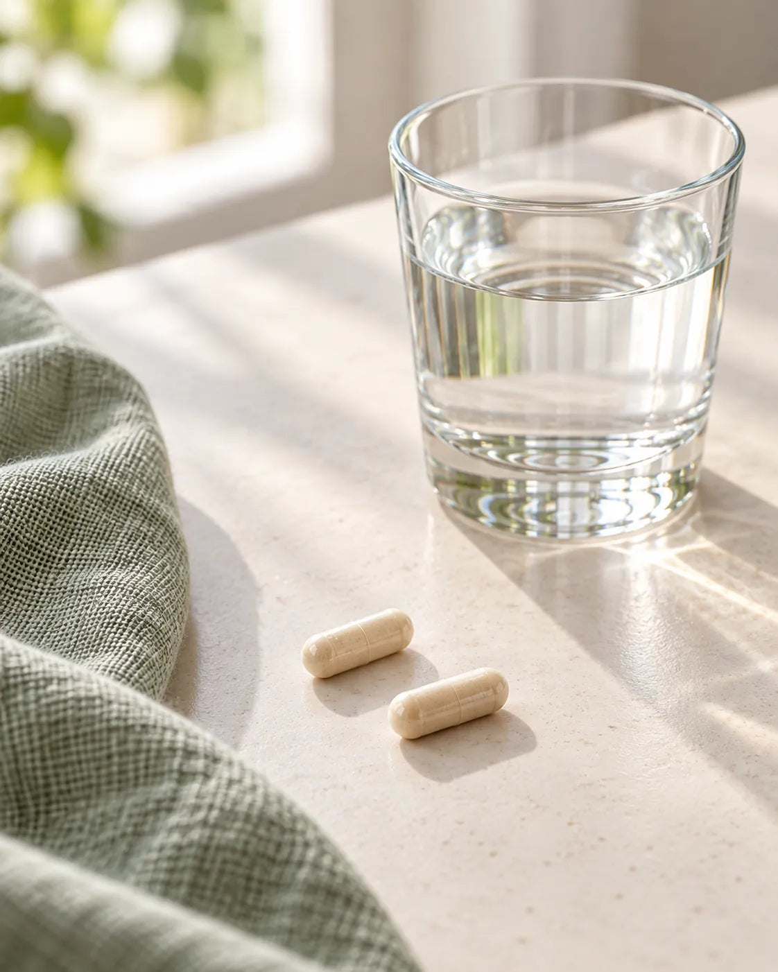 Zwei Kapseln des Vitamin B Komplexes neben einem Glas Wasser