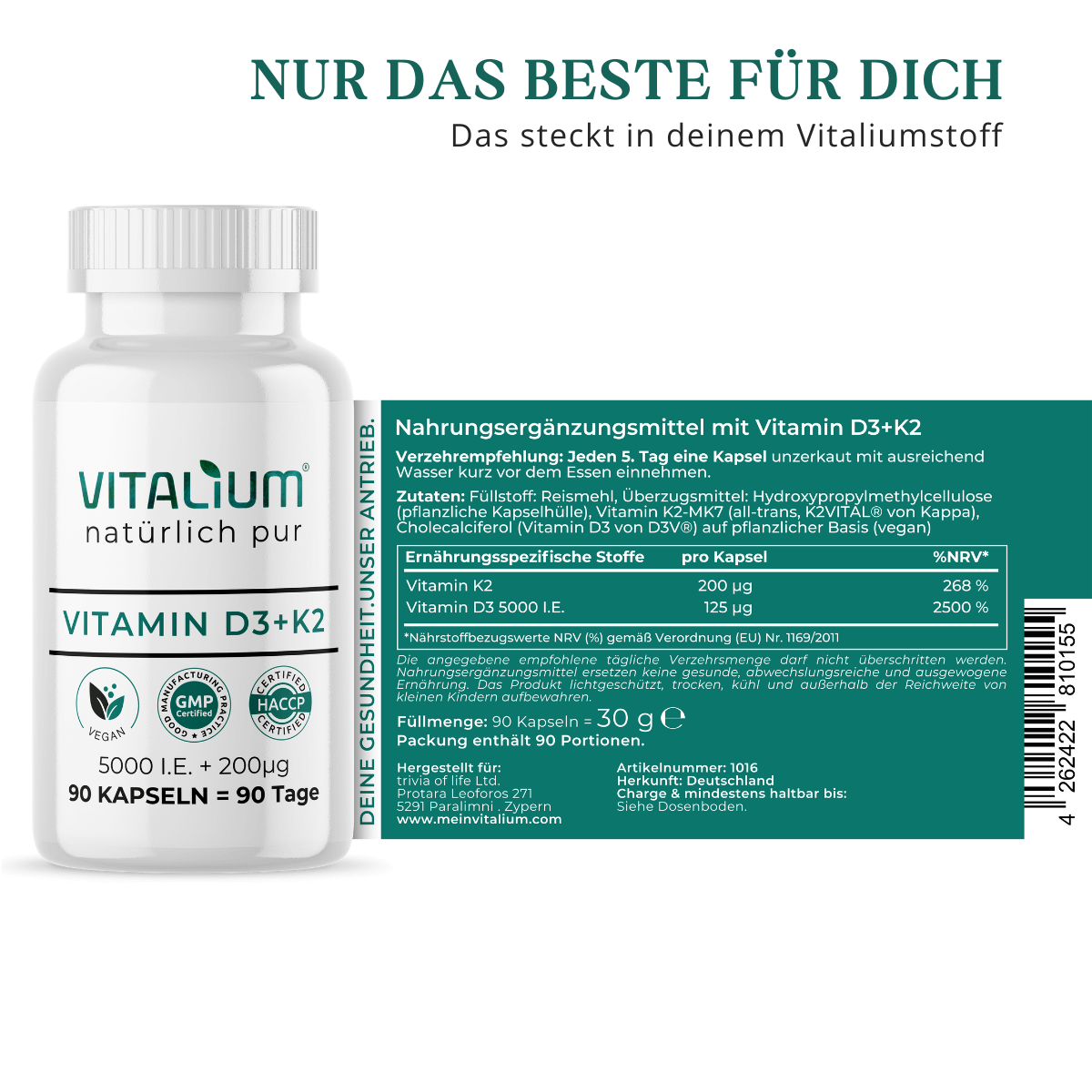 Vitamin D3 + K2, Etikett mit Zutaten und Nährwerten