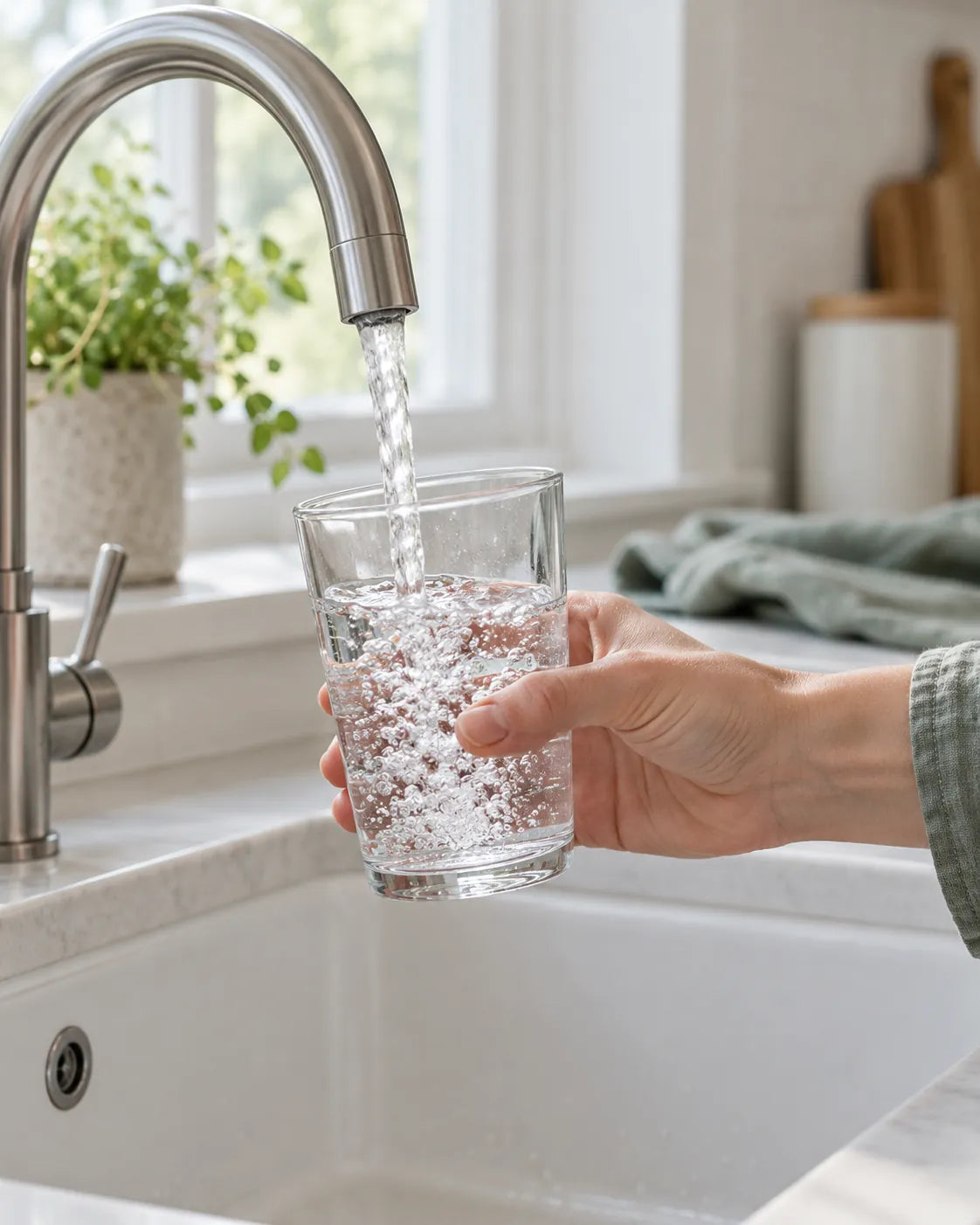 Clear water flowing from a tap into a glass