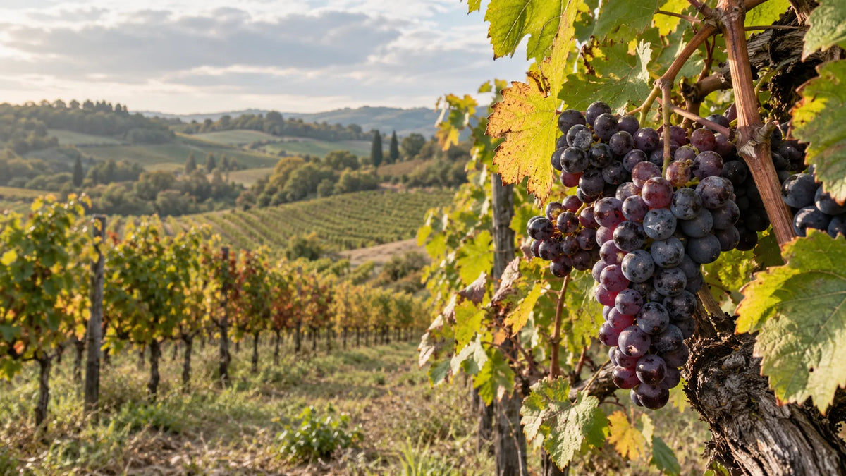 Weinberg im Herbstlicht mit reifen roten Trauben am Rebstock