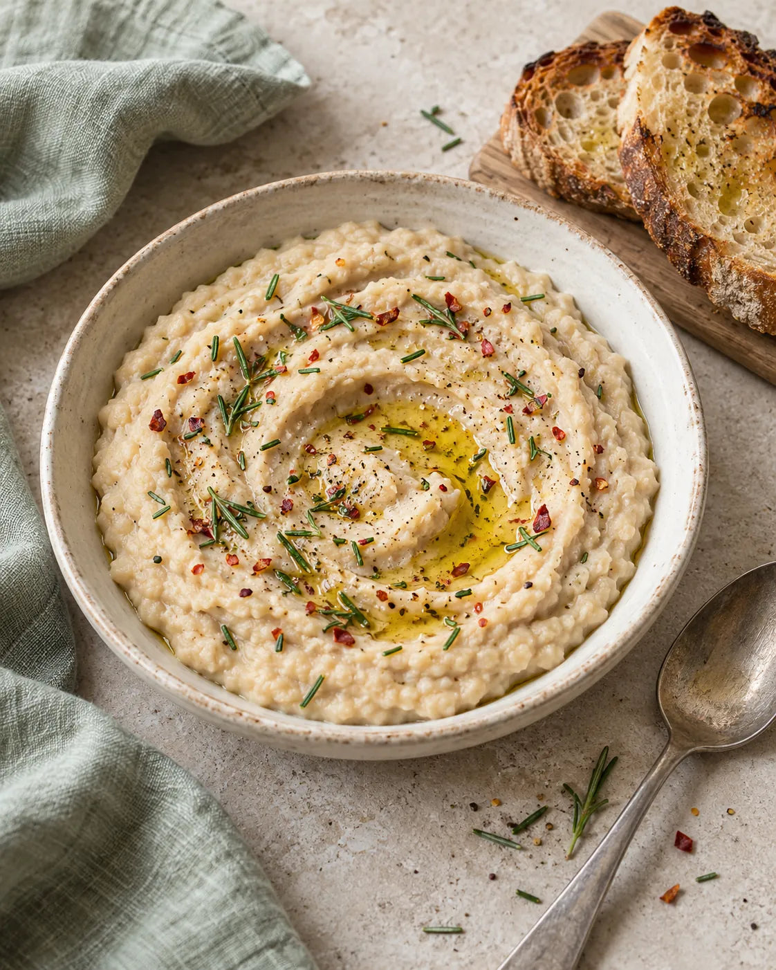 Schale weiße Bohnencreme mit Olivenöl, Rosmarin und Chiliflocken, daneben geröstetes Brot