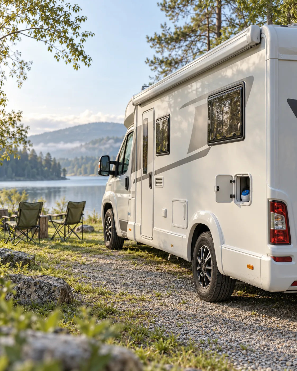 Wohnmobil auf einem Stellplatz am See mit geöffneter Serviceklappe